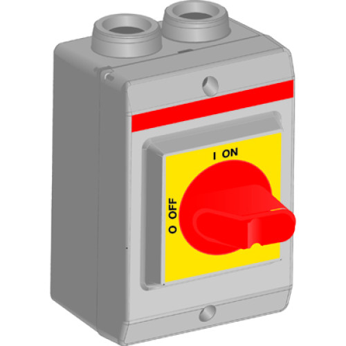 Рубильник в боксе OTP16KA3M1 до 16А 3х-полюсный, красно-желтая р учка, резьба 4xM20